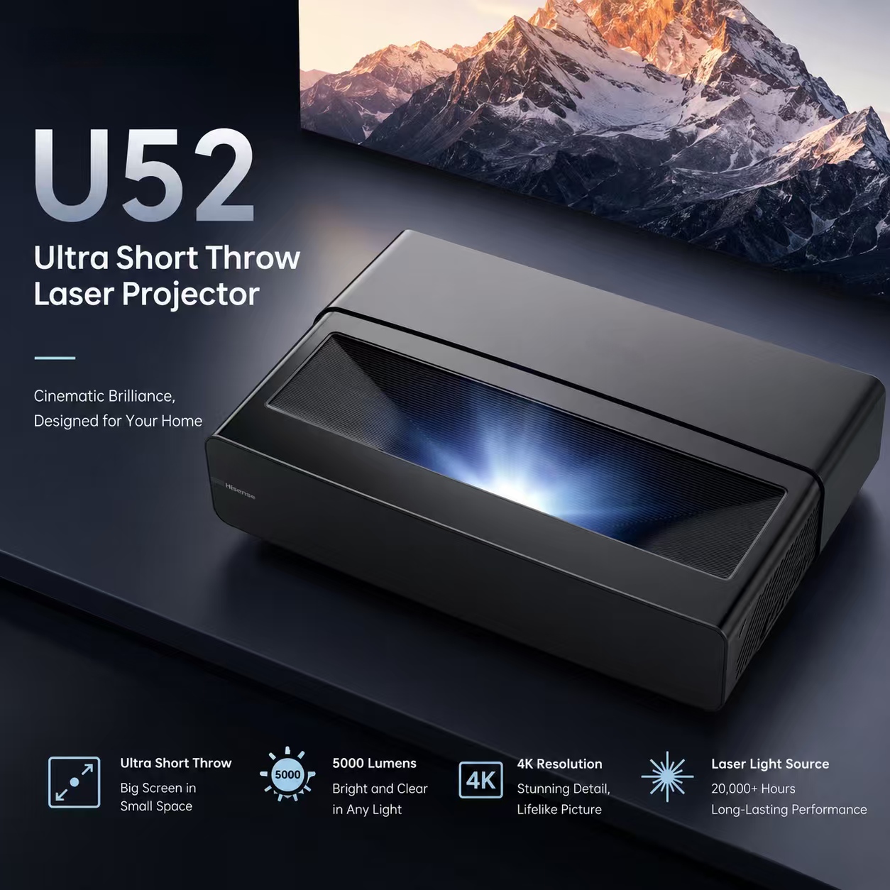 Home Cinema Ultra Short Throw Projector - U52 4K DLP-Projektor 5300 Lumen Ultra-Kurzdistanz